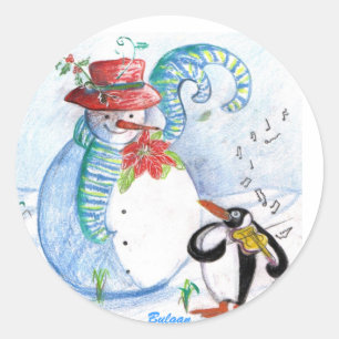 SNOWMAN AND PENGUIN'S WINTER SERENADE CLASSIC ROUND STICKER