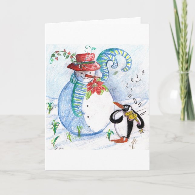 SNOWMAN AND PENGUIN'S WINTER SERENADE HOLIDAY CARD (Front)