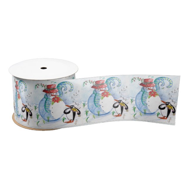 SNOWMAN AND PENGUIN'S WINTER SERENADE Holiday Satin Ribbon (Spool)