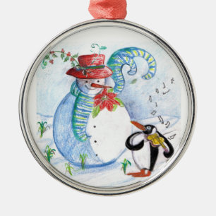 SNOWMAN AND PENGUIN'S WINTER SERENADE METAL TREE DECORATION
