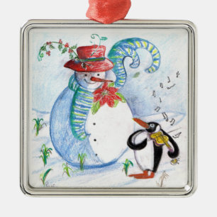 SNOWMAN AND PENGUIN'S WINTER SERENADE METAL TREE DECORATION