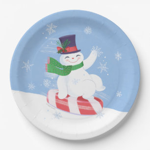 Snowman and Peppermint Blue Paper Plate