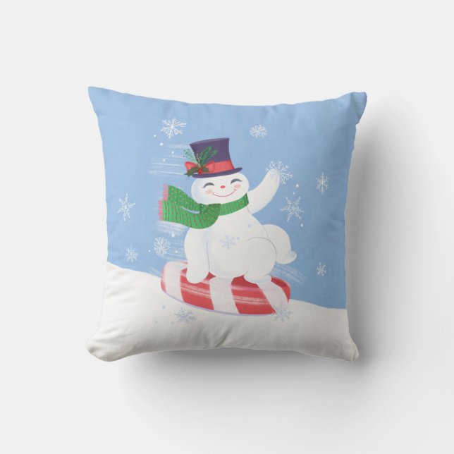 Snowman and Peppermint Blue Throw Pillow (Front)