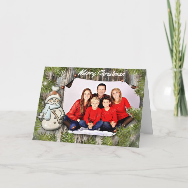 Snowman and Pine On Barnwood Photo Christmas Holiday Card (Front)