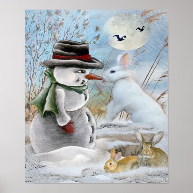 Snowman and rabbit eating carrot print (Front)