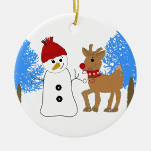 Snowman and Reindeer in the Forest Ceramic Tree Decoration