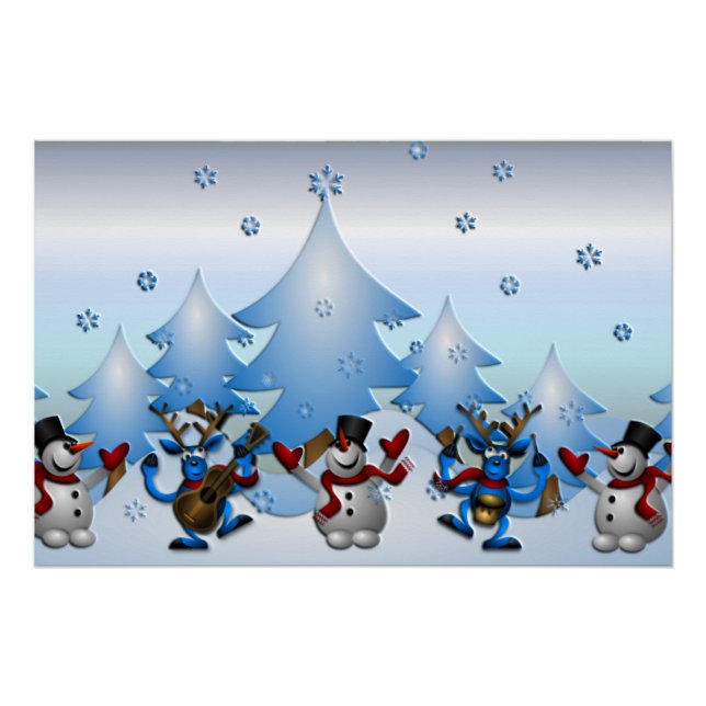 Snowman and Reindeers Dancing Under Trees Poster (Front)