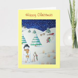 snowman and santa snow scene christmas holiday card