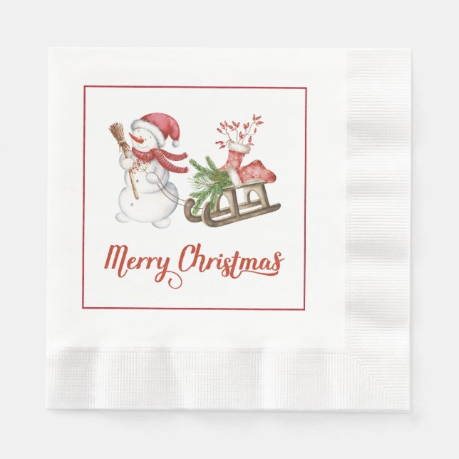 Snowman and Sled Christmas Paper Napkins (Front)