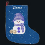 Snowman and Sleeping Bunnies<br><div class="desc">Two little,  brown and white bunnies snuggle up to a snowman in a blue stocking cap and scarf,  with big,  blue buttons,  as snow falls around them,  and across the background.  Totally cute stocking to hang for Christmas!</div>