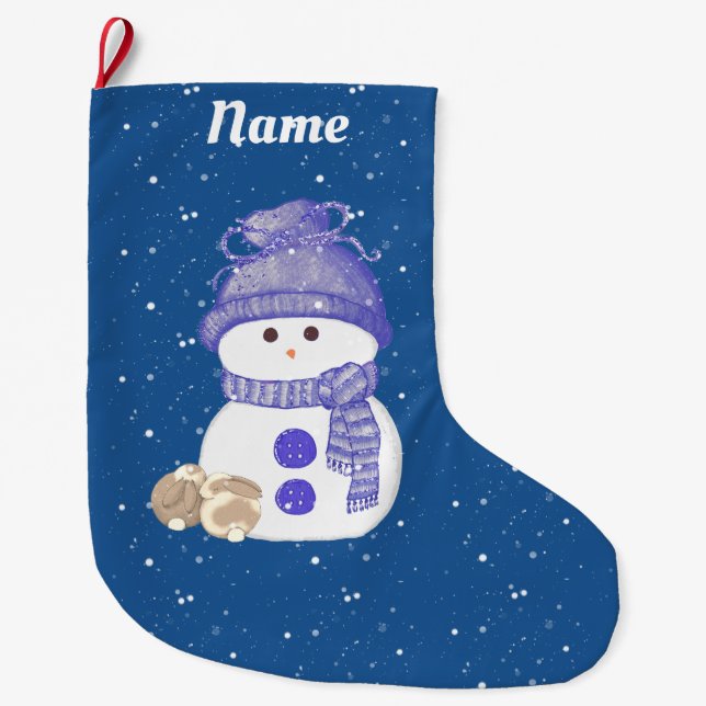 Snowman and Sleeping Bunnies Large Christmas Stocking (Front)