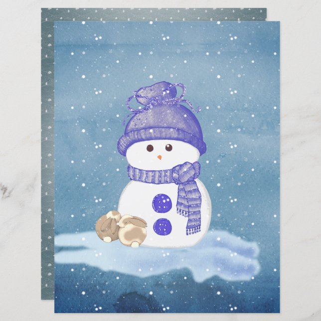 Snowman and Sleeping Bunnies Scrapbook Paper (Front/Back)