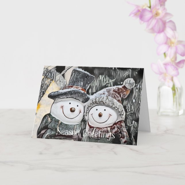 Snowman and Snow woman drawing Customisable Card (Orchid)