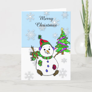 Snowman and Snowflakes Christmas Tree Card