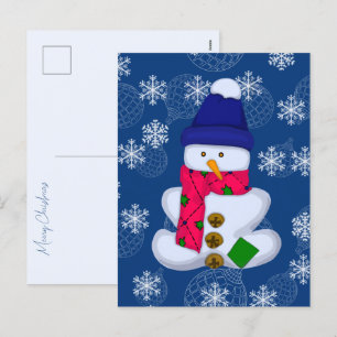 Snowman and snowflakes. Merry Christmas Holiday Postcard