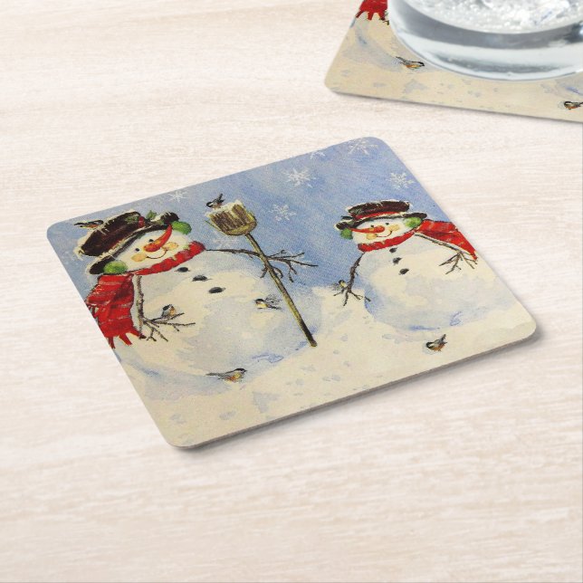 Snowman and Son Square Paper Coaster (Angled)