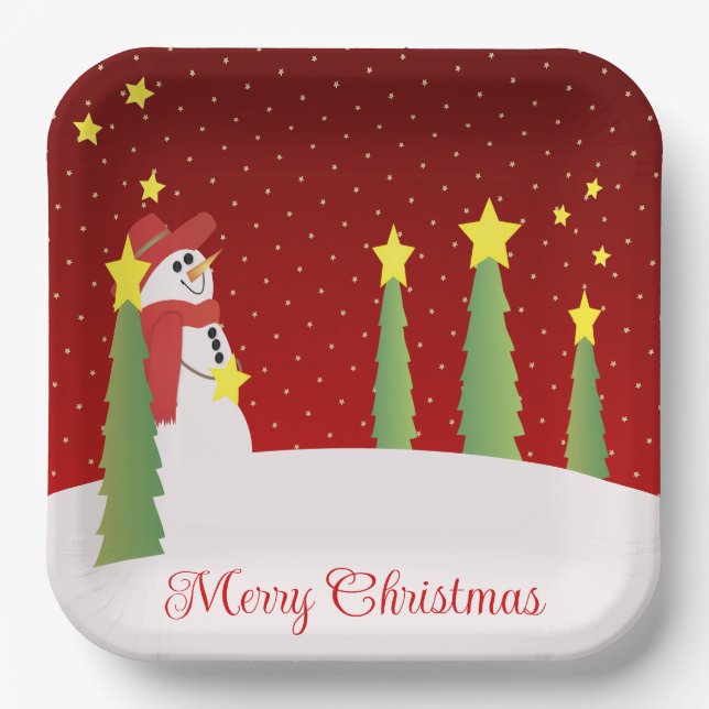 Snowman And Star Patterned Paper Plate (Front)