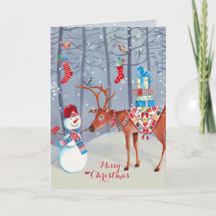 Snowman and the Elk    Christmas Greeting card