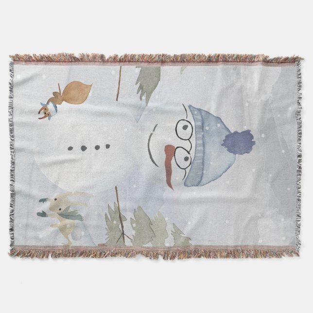 Snowman and Winter Woodland Friends Throw Blanket (Front)