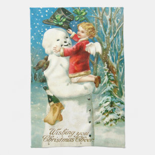 Snowman Angel Cherub Four Leaf Clover Tea Towel