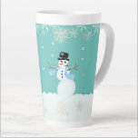 Snowman Art Christmas Merry n Happy Saying Latte Mug<br><div class="desc">Tall latte mug for the holiday season.  Falling snowflakes and a cute snowman illustration over turquoise green colour with your choice of saying.  "Merry and Happy" is the sample text.</div>