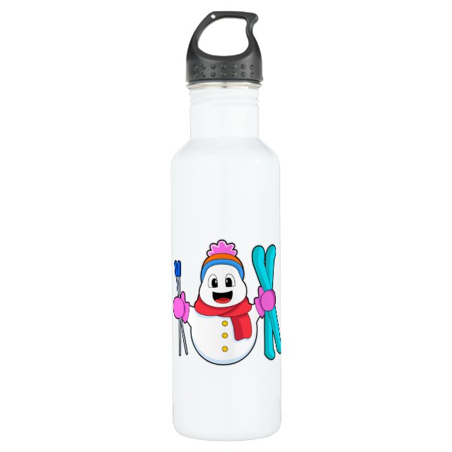 Snowman as Skier with Ski 710 Ml Water Bottle (Front)