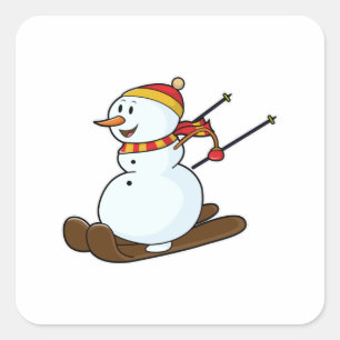 Snowman as Skier with Skis & Cap Square Sticker