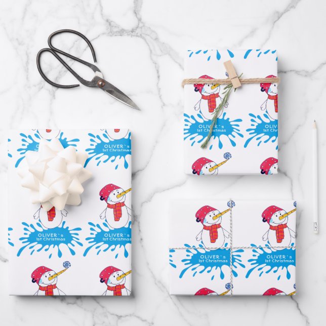 Snowman Baby`s First Christmas Snowflake  Wrapping Paper Sheet (Front)