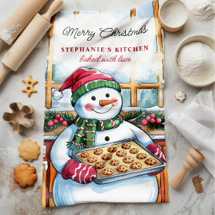 Snowman Baking Cookies Personalised Christmas Tea Towel