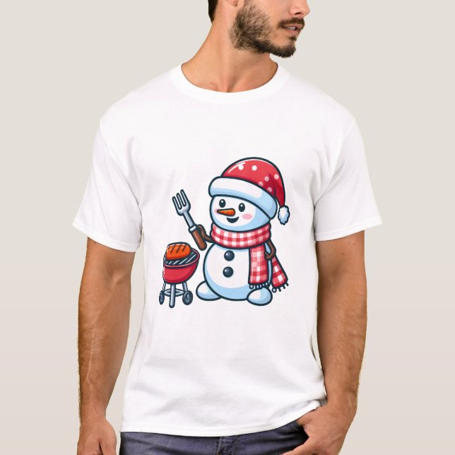 Snowman Barbeque Cartoon T-Shirt (Front)