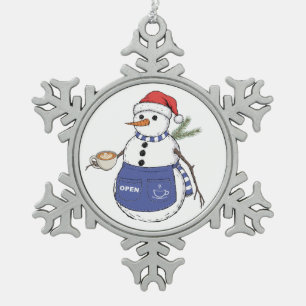 Snowman Barista Christmas 2026 Holiday Coffee Snowflake Pewter Christmas Ornament