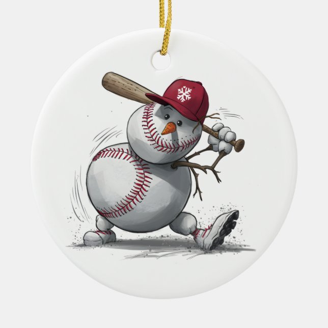 Snowman Baseball Player Funny Kids Men Boys Teens  Ceramic Tree Decoration (Front)