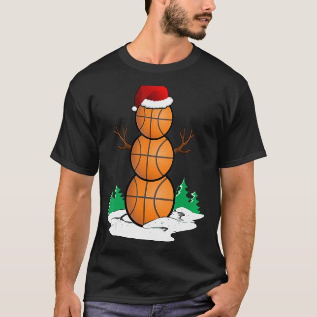 Snowman Basketball Ball Santa Hat Christmas Pajama T-Shirt (Front)