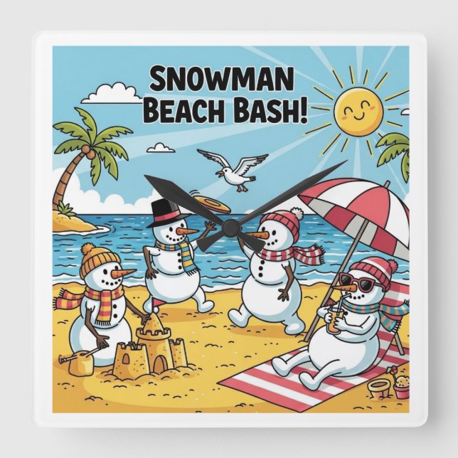 Snowman Beach Bash Square Wall Clock (Front)