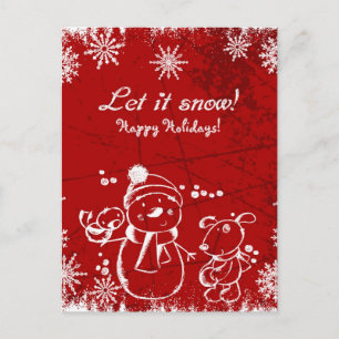 Snowman, Bird And Dog Over Red Background Postcard