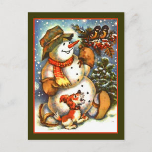 Snowman Birds and Puppy Holiday Postcard