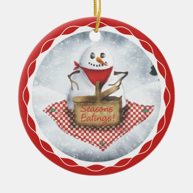 snowman blizzard picnic Christmas tree ornament (Front)