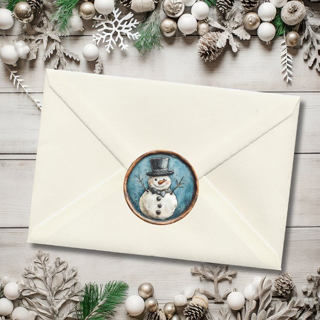 Snowman Blue Christmas Faux Wax Classic Round Sticker (Snowman Blue Christmas Faux Wax Classic Round Sticker)