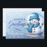 Snowman Blue Season's Greetings Christmas Holiday Card<br><div class="desc">"Season's Greetings" customisable horizontally-formatted Christmas greeting card with a cute snowman inside a snow globe on a soft blue background. Personalise with your family name. Contact me for assistance with your customisations or to request additional matching or coordinating Zazzle products.</div>