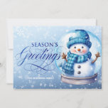 Snowman Blue Season's Greetings Christmas Holiday Card<br><div class="desc">"Season's Greetings" customisable horizontally-formatted Christmas greeting card with a cute snowman inside a snow globe on a soft blue background. Personalise with your family name. Contact me for assistance with your customisations or to request additional matching or coordinating Zazzle products.</div>