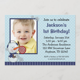 Snowman Blue Winter Photo Birthday Invitation