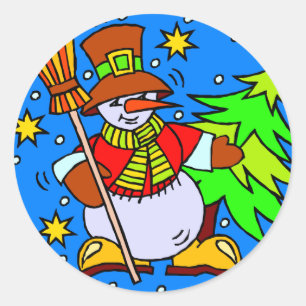 Snowman Broom Christmas Tree Classic Round Sticker