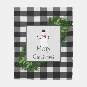Snowman Buffalo Plaid Black White Fleece Blanket