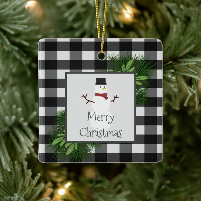 Snowman Buffalo Plaid Ceramic Ornament (Tree)