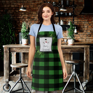 Snowman Buffalo Plaid Christmas Black Green Apron