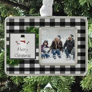 Snowman Buffalo Plaid Framed Black and White Silver Plated Framed Ornament