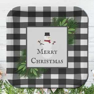 Snowman Buffalo Plaid Paper Plate