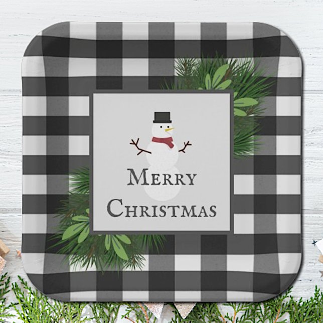 Snowman Buffalo Plaid Paper Plate (Snowman Buffalo Plaid Christmas Paper Plates)