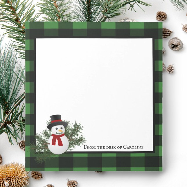 Snowman Buffalo Plaid Personalised Notepad (Green Smiling Snowman Buffalo Plaid Personalized Notepad)