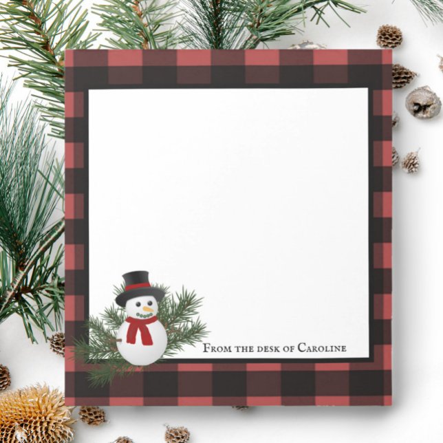 Snowman Buffalo Plaid Personalised Notepad (Black and Red Smiling Snowman Buffalo Plaid Personalized Notepad)